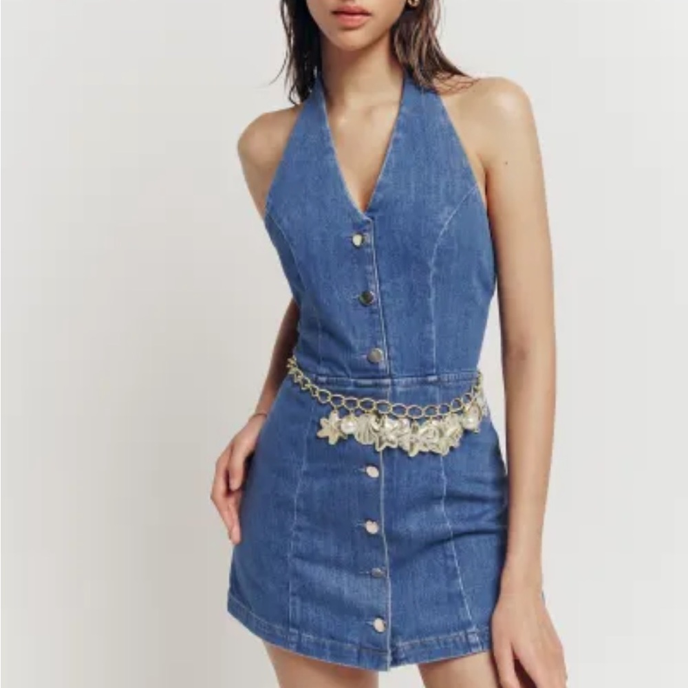 reformation pamela halter denim mini dress